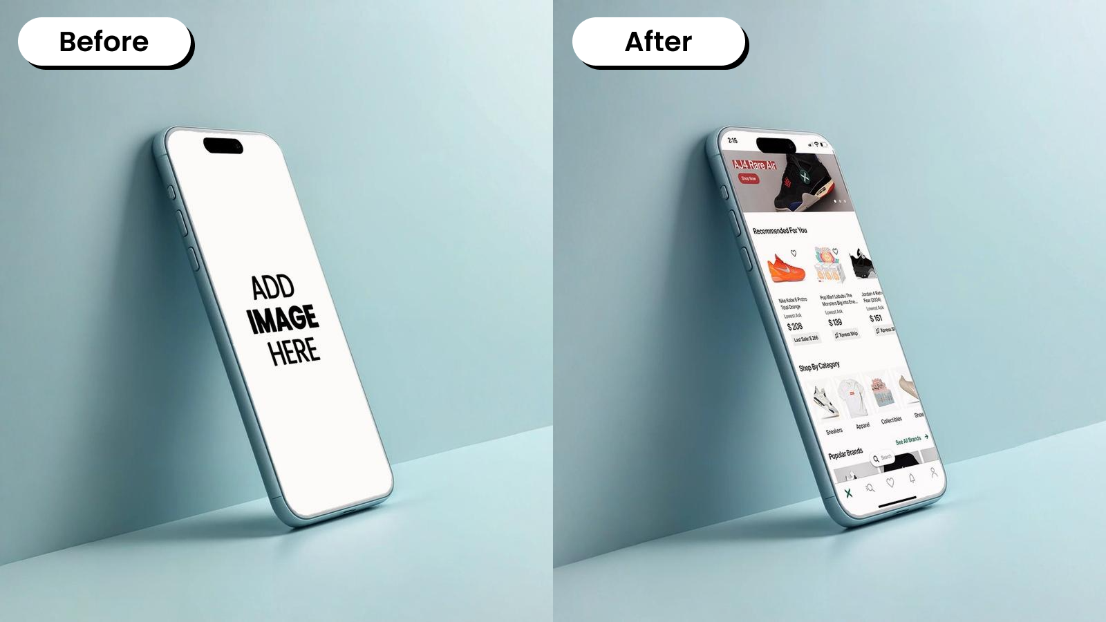 Before and after iPhone mockup showing a blank screen replaced with a shopping app preview
